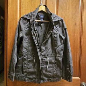 Womens GAP Parka, Sz M gray/brown, with waist cinch, zipper and button closure